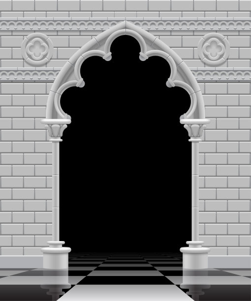 光滑的棋牌地板上，黑白相间的石质哥特式拱门和墙壁图片下载