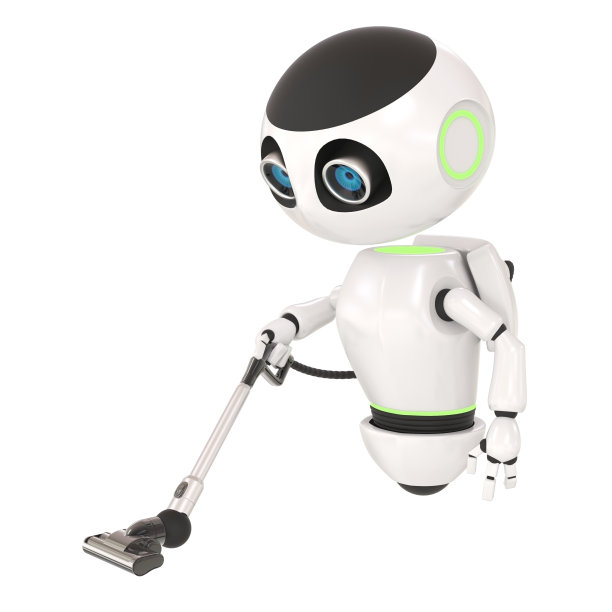 光滑可爱的白色机器人与真空吸尘器。技术的概念。孤立在白色的。易于设计。图片下载