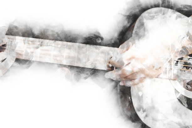 抽象美丽的吉他演奏在前景，水彩画背景和数字插画刷艺术。图片下载