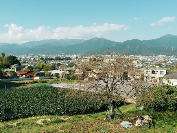 鸟瞰图的日本村庄与低山脉的背景图片下载