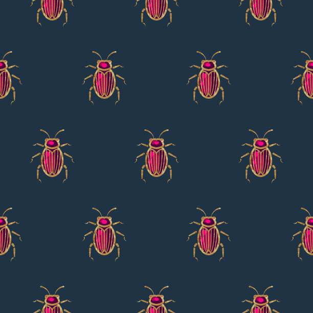 蓝色和金色甲虫胸针矢量无缝图案图片下载