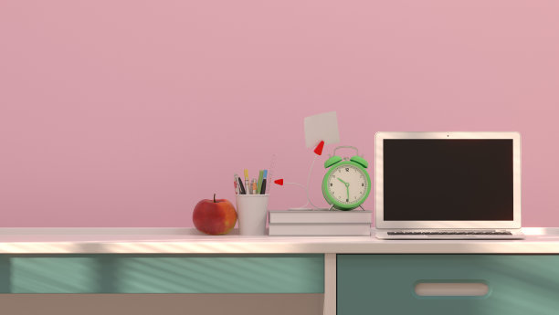 书桌上的笔记本和水果，苹果和笔在桌子上彩色的3D渲染在粉红色的墙壁与阳光干净和美丽的图片图片下载
