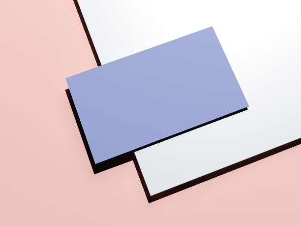 蓝粉色的品牌模型与一张纸和名片。三维渲染图片下载