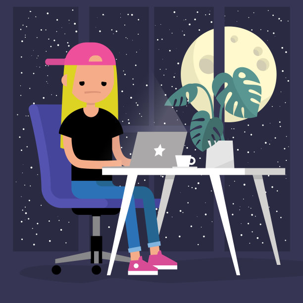 年轻忙碌的女人晚上在办公室工作。加班。最后期限。现代的生活方式。把所有时间都花在工作上。概念插图，剪辑艺术。平可编辑的矢量图片下载