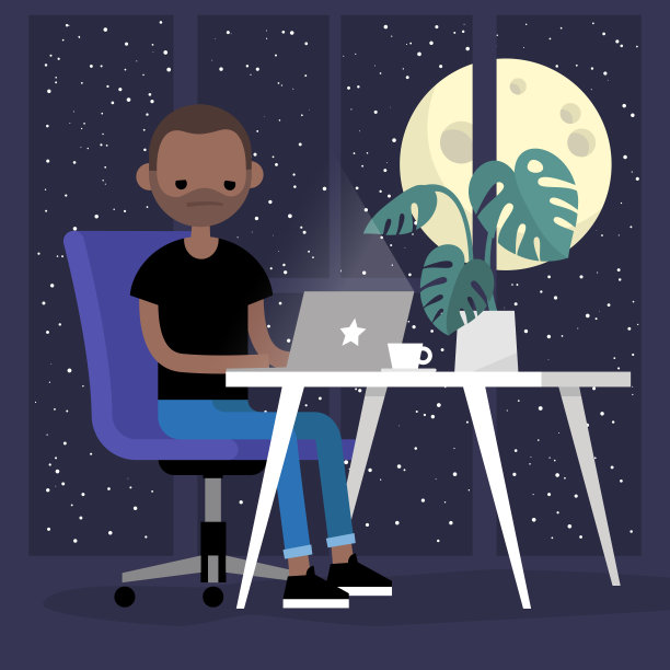 年轻忙碌的人晚上在办公室工作。加班。最后期限。现代的生活方式。把所有时间都花在工作上。概念插图，剪辑艺术。平可编辑的矢量图片下载