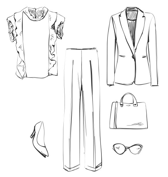 一套女装。衬衫，夹克，裤子，手提包，鞋子和眼镜素描。图片下载