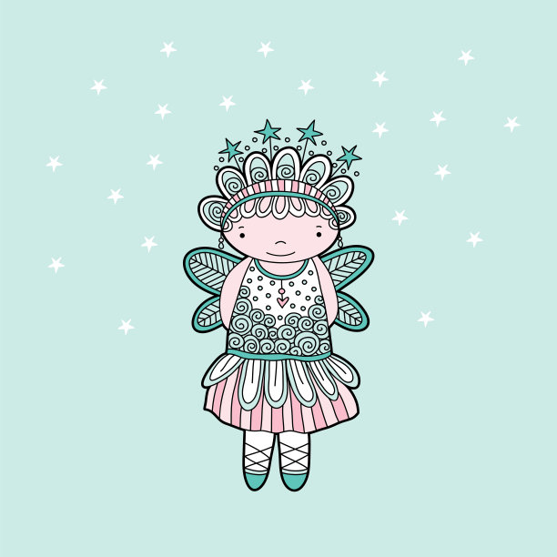 魔法天使手绘涂鸦矢量在一个浅绿色的背景图片下载