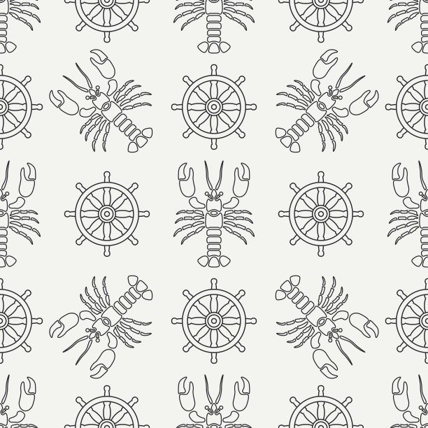 直线矢量无缝龙虾图案和方向盘。简化的复古。卡通风格。癌症。奥马尔。海鲜佳肴。壳。爪。海中。甲壳类动物。插图为您的设计和墙纸。图片下载
