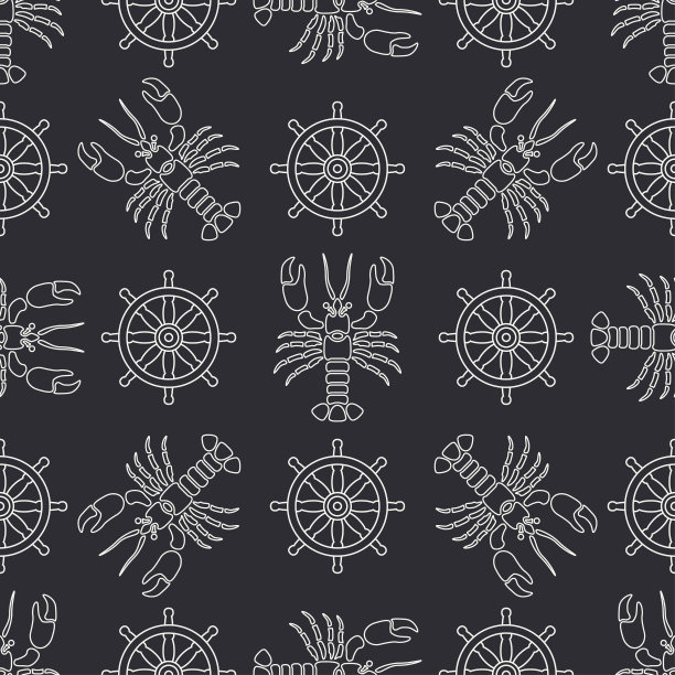 直线矢量无缝龙虾图案和方向盘。简化的复古。卡通风格。癌症。奥马尔。海鲜佳肴。壳。爪。海中。甲壳类动物。插图为您的设计和墙纸。图片下载