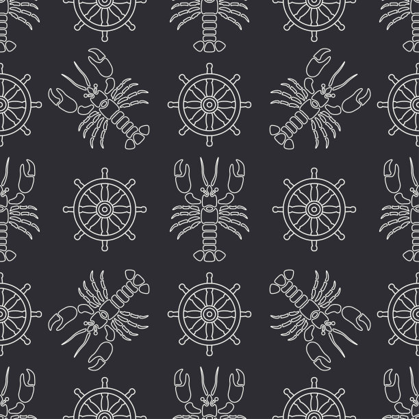 直线矢量无缝龙虾图案和方向盘。简化的复古。卡通风格。癌症。奥马尔。海鲜佳肴。壳。爪。海中。甲壳类动物。插图为您的设计和墙纸。图片下载