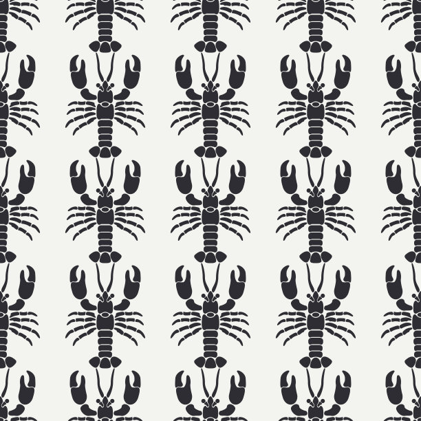 平线矢量无缝模式海洋动物龙虾。简化的复古。卡通风格。癌症。奥马尔。海鲜佳肴。壳。爪。海中。甲壳类动物。插图元素为您的设计和墙纸图片下载