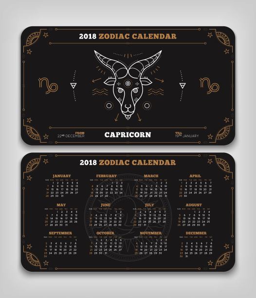 摩羯座2018年生肖日历口袋大小横向布局双面黑色设计风格矢量概念插图图片下载