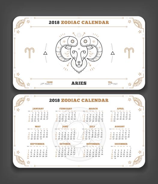 白羊座2018年生肖日历口袋大小水平布局双面白色设计风格矢量概念插图素材图片