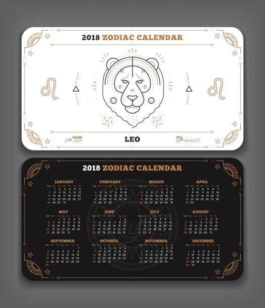 狮子座2018年生肖日历口袋大小水平布局双面黑白色彩设计风格矢量概念插图图片下载