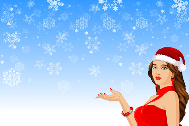 美丽的圣诞女孩在雪花的背景图片下载