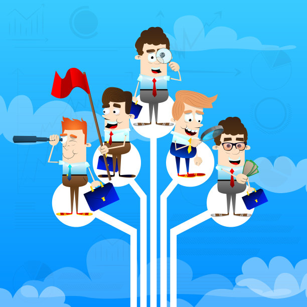 一组业务人员站在逻辑树上。素材图片