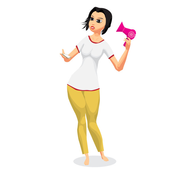 一个女人正在用电吹风吹头发，同时看她的智能手机图片下载