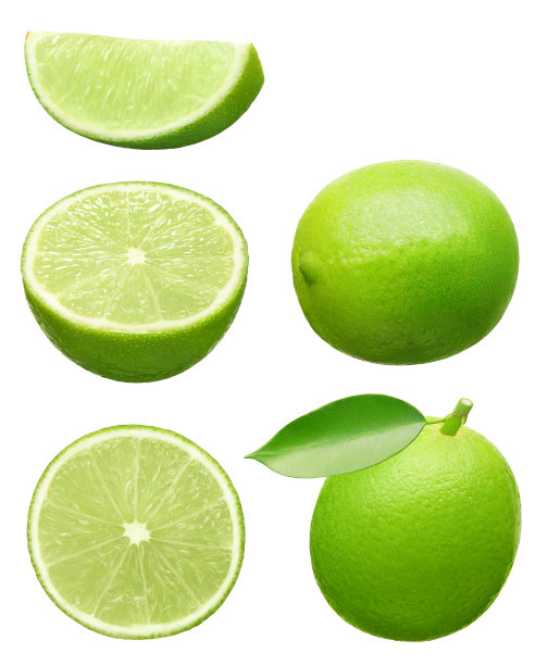 收集整个和切好的带绿叶的酸橙果实图片下载