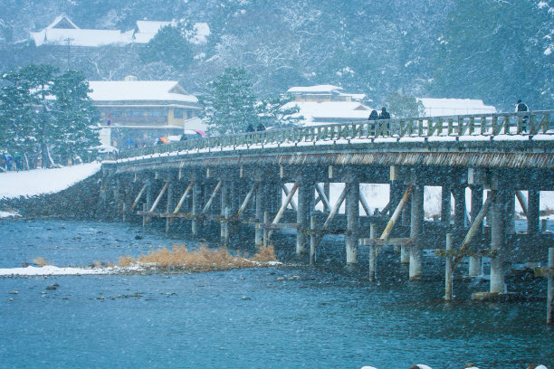美丽的冬季图片，在岚山地区的一个地标，是木桥横跨Katsura河在京都，日本。(软焦点)图片下载