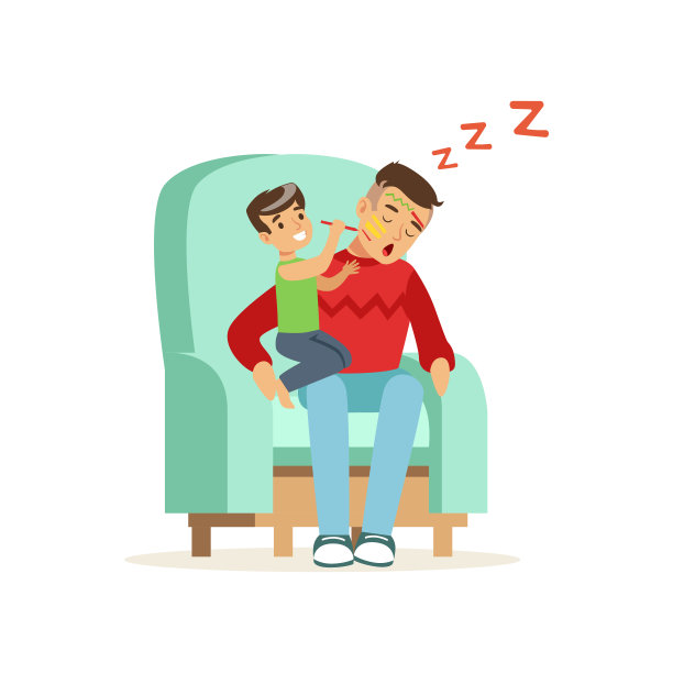 男孩在他熟睡的爸爸脸上作画图片下载