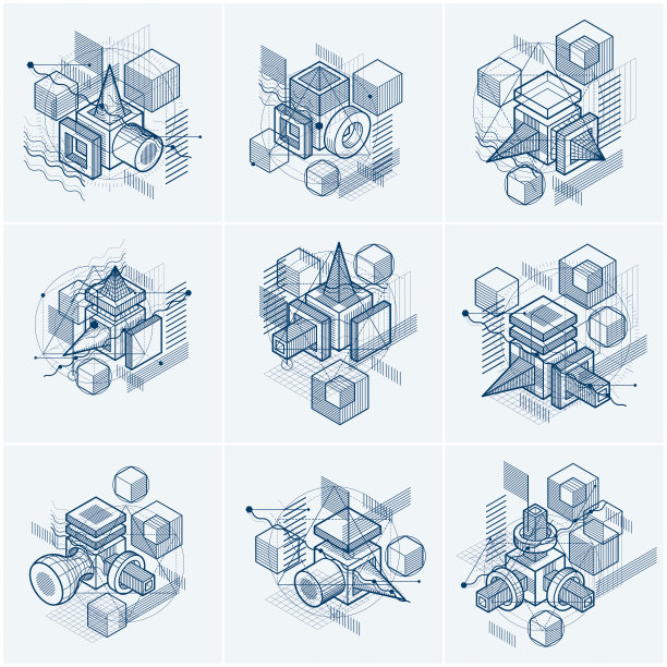 等距抽象背景与线和不同的元素，矢量模板。图片下载