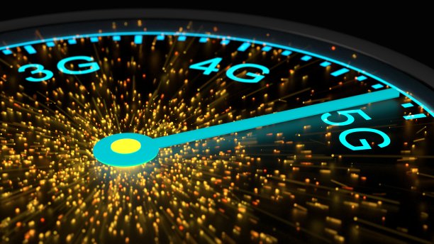 蓝色的速度仪达到最大5G通信速度图片下载