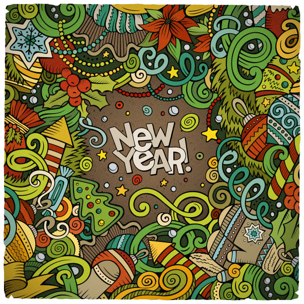 卡通可爱的涂鸦新年快乐的框架图片下载