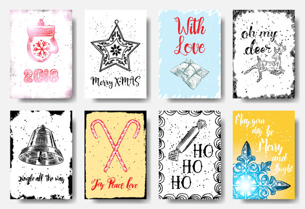 圣诞手绘卡片与书法2018矢量素材图片下载