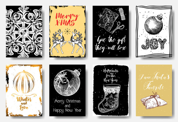 圣诞贺卡套装。金色，黑色，红色，白色。带有金色纹理的礼品标签。圣诞快乐，送他们喜欢的礼物，欢乐，冬天和爱，纽约的幸福，我是圣诞老人的最爱。图片下载