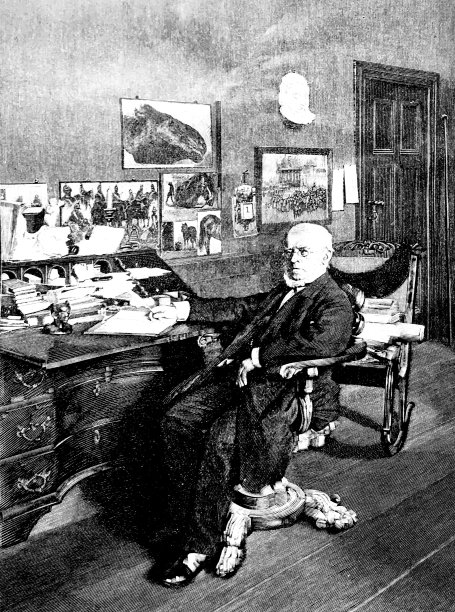 插画家阿道夫·冯·门泽尔坐在办公桌前图片下载