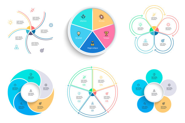 业务信息图。有5个步骤的饼图，选项。向量模板。图片下载