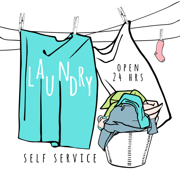 洗衣篮，衣服，床单和衣夹。手绘矢量插图。图片下载