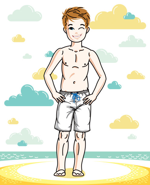 漂亮漂亮的年轻男孩穿着时尚的沙滩短裤。向量图片下载