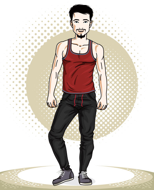 英俊的黑发年轻人摆姿势。矢量插图的运动员图片下载