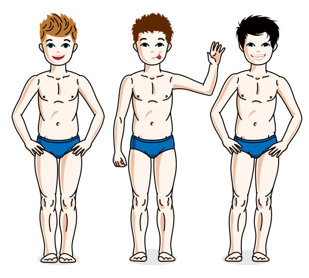 孩子年轻的男孩群站在蓝色内衣，向量图片下载