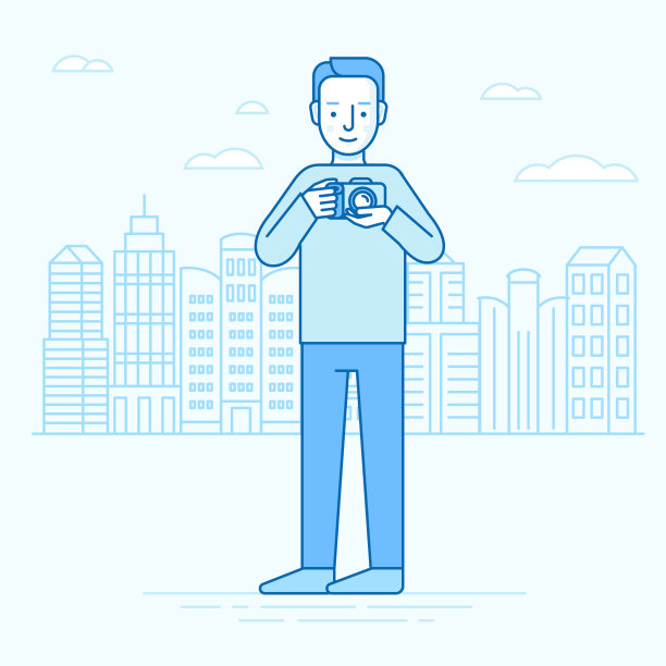 蓝色调扁平线性风格矢量插画：旅行者与相机图片下载