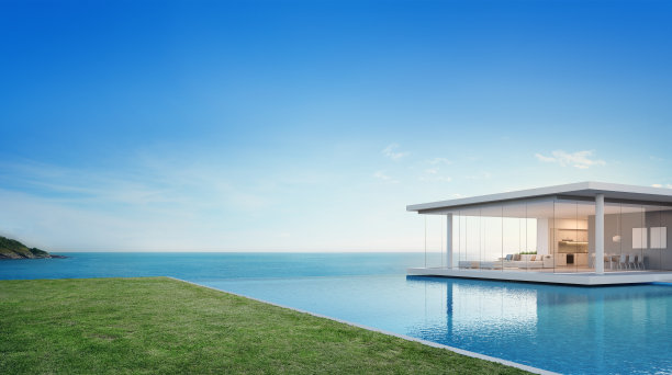 现代设计的豪华海滩别墅和海景游泳池靠近空旷的草地地板甲板，蓝色背景的度假家或酒店-假日别墅外部的3d插图图片下载