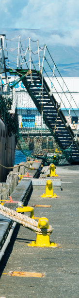 有船、系泊装置、固定装置、滑车和缆绳的港口。广泛的摩天大楼。图片下载