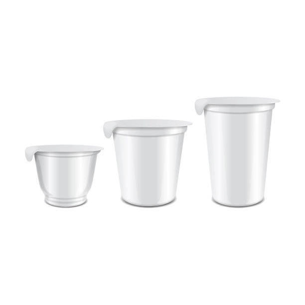 一套圆形光滑的塑料罐与铝箔盖酸奶油，酸奶，果酱，甜点。矢量现实包装模型模板图片下载