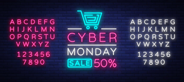 网络星期一，折扣销售概念插图霓虹风格，网上购物和营销概念，矢量插图。霓虹发光的招牌，鲜艳的横幅。编辑文字霓虹灯素材图片