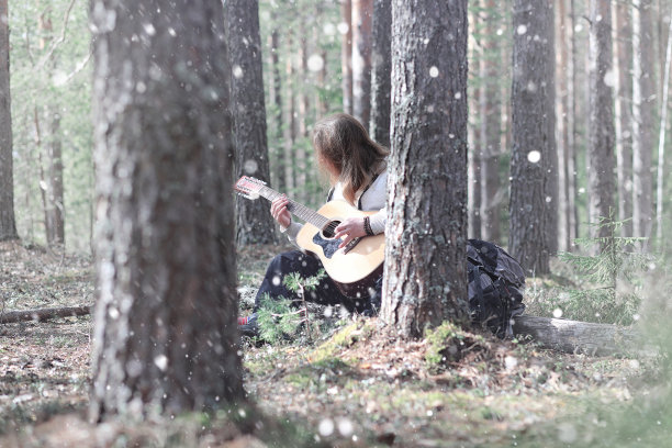 在树林里野餐的吉他手。有原声音乐的音乐家图片下载