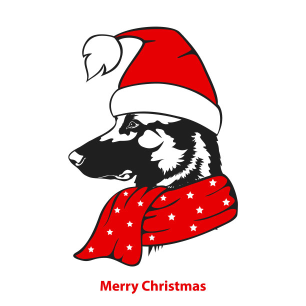 圣诞快乐新年祝福牧羊犬狗圣诞帽子和围巾肖像矢量插图图片下载