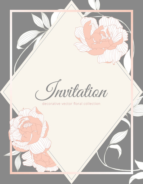 手绘粉红色牡丹花与叶子和矩形框架在黑暗的背景，邀请卡de图片下载