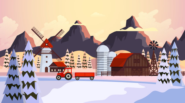 美丽的冬季矢量景观，乡村在冬季与木制谷仓。插图图片下载