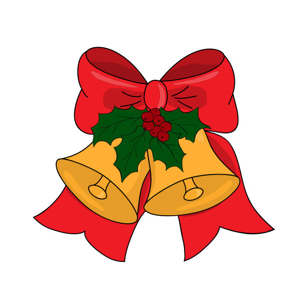 圣诞铃铛与红色蝴蝶结，冬青树叶和浆果，矢量插图图片下载