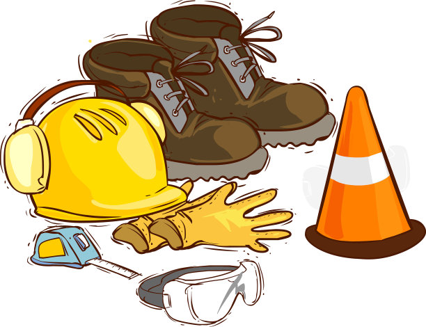 建筑工具和防护手段。工作靴，工具，建筑头盔，护目镜，仪表手套，图片下载