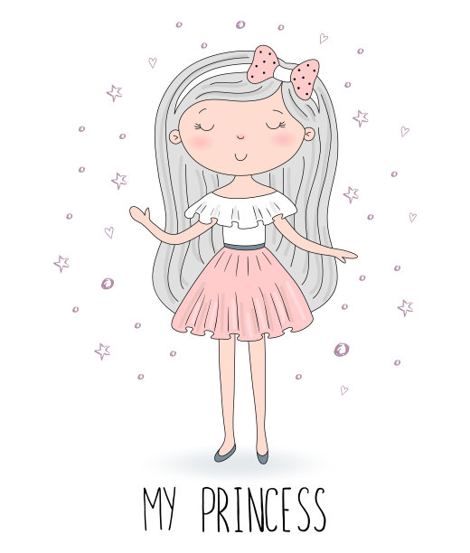 可爱的手绘与可爱的小公主矢量插图。图片下载