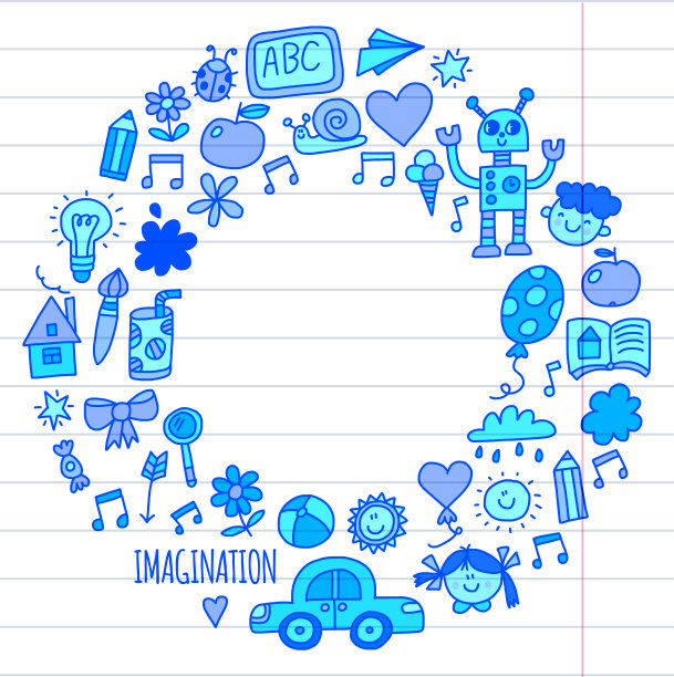 学校、幼儿园。快乐的孩子。创造力，想象力涂鸦图标与孩子。玩，学，成长快乐的学生科学研究探险探索图片下载