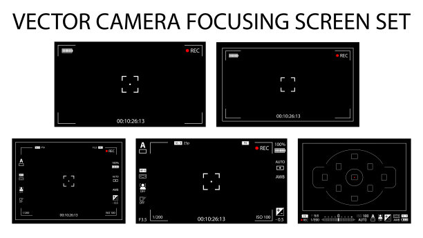 现代相机对焦屏幕设置为5合一包-数码，无反光镜，单反。黑色取景器摄像机记录孤立。矢量图素材图片