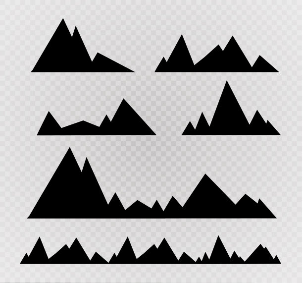 一组黑色和白色的山剪影。落基山脉的背景边界。矢量图图片下载